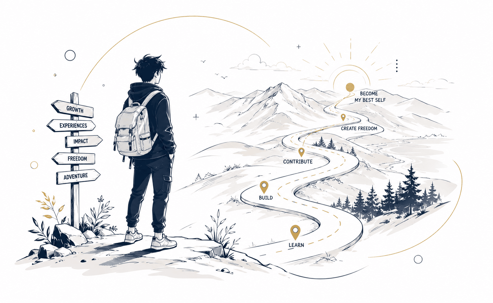 Journey toward self-discovery at sunrise illustration
